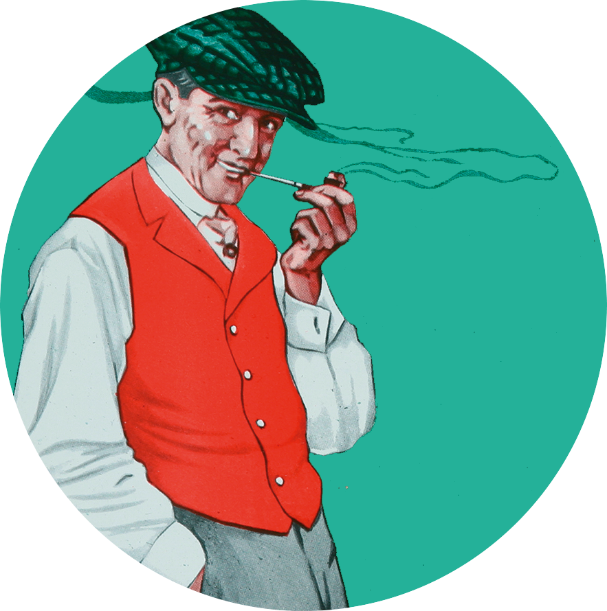 Mann in roter Weste, weißem Hemd und Tweet-Kappe raucht Pfeife.  Illustration in 50er Jahre Anmutung.